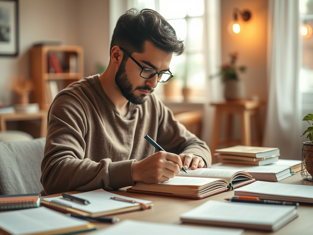 Writing thoughts in a journal to clear the mind.