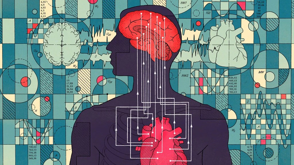 An illustration depicting the connection between the brain and heart, showing neural pathways and various graphs in the background.
