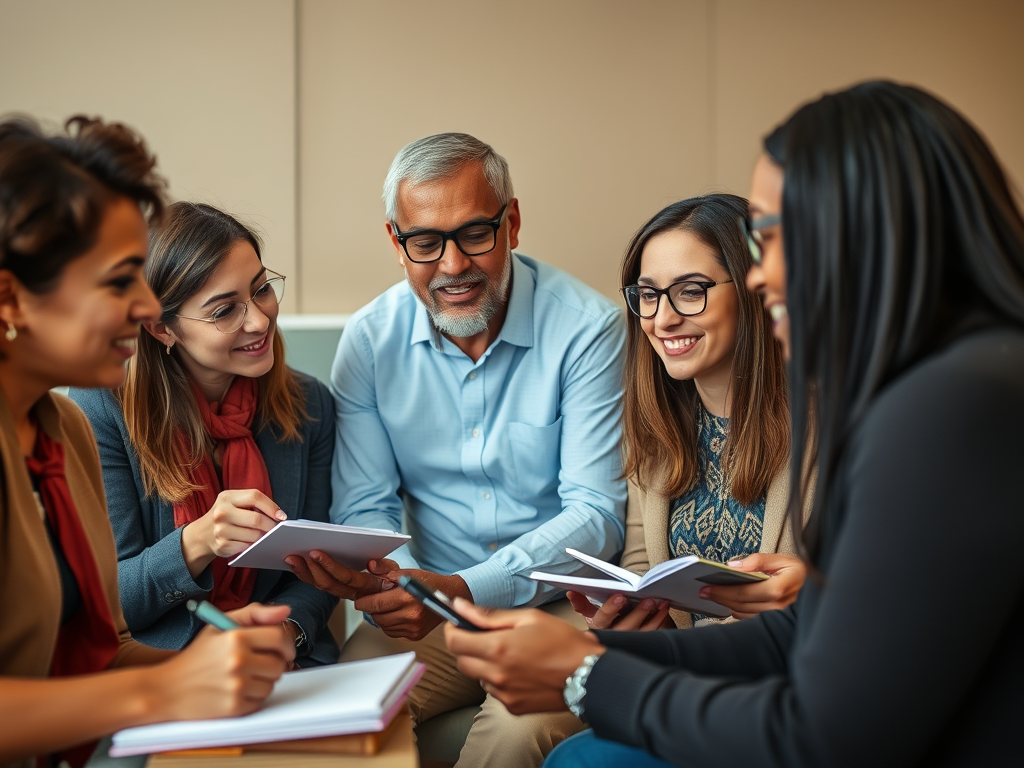 A group of five people engaged in a discussion, sharing ideas and notes, with smiles and attentive expressions, in a cozy environment.