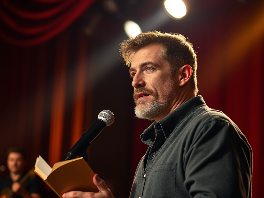 A man speaking passionately into a microphone while holding a book on stage, with warm lighting and a red curtain backdrop.