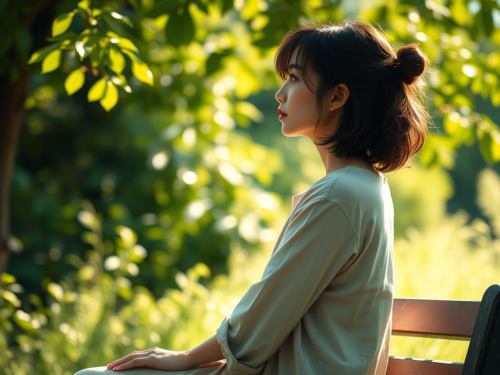 A contemplative woman sitting on a bench, surrounded by lush greenery, gazing thoughtfully into the distance.
