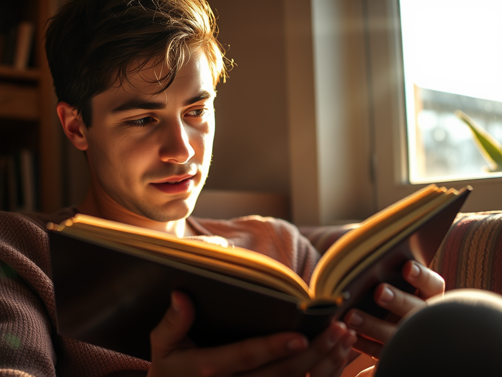 A young man sitting comfortably on a couch, reading a book with a focused expression. The warm light from a nearby window highlights his face and the pages of the book.