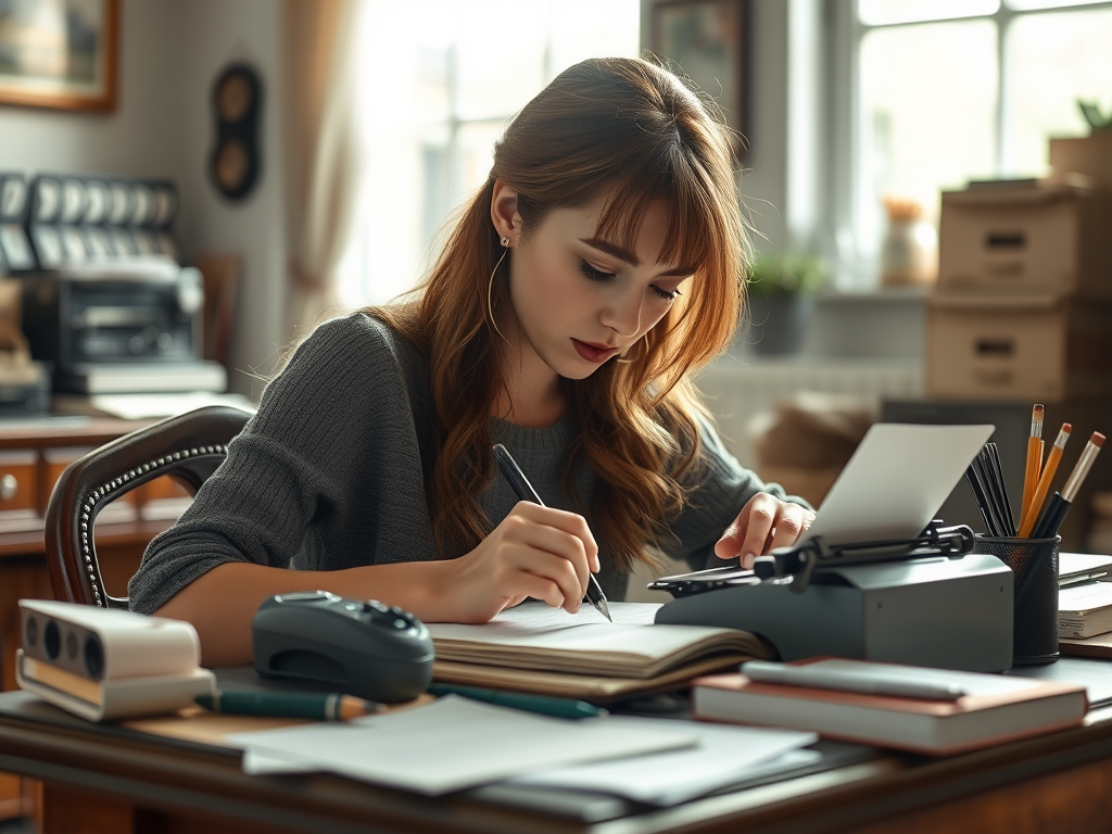 A focused young woman writing in a notebook in a cozy workspace filled with books and stationery.