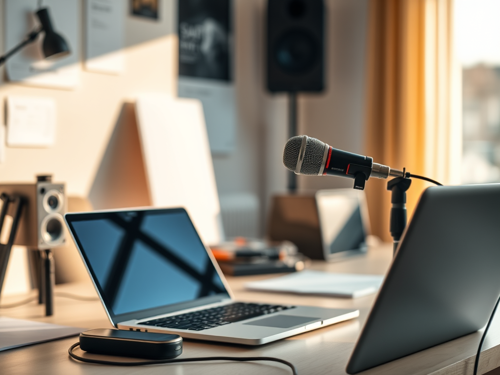 Audio story scriptwriting career represented with books, microphones, and sound waves. A creative snapshot of writing for the ears in the world of storytelling.