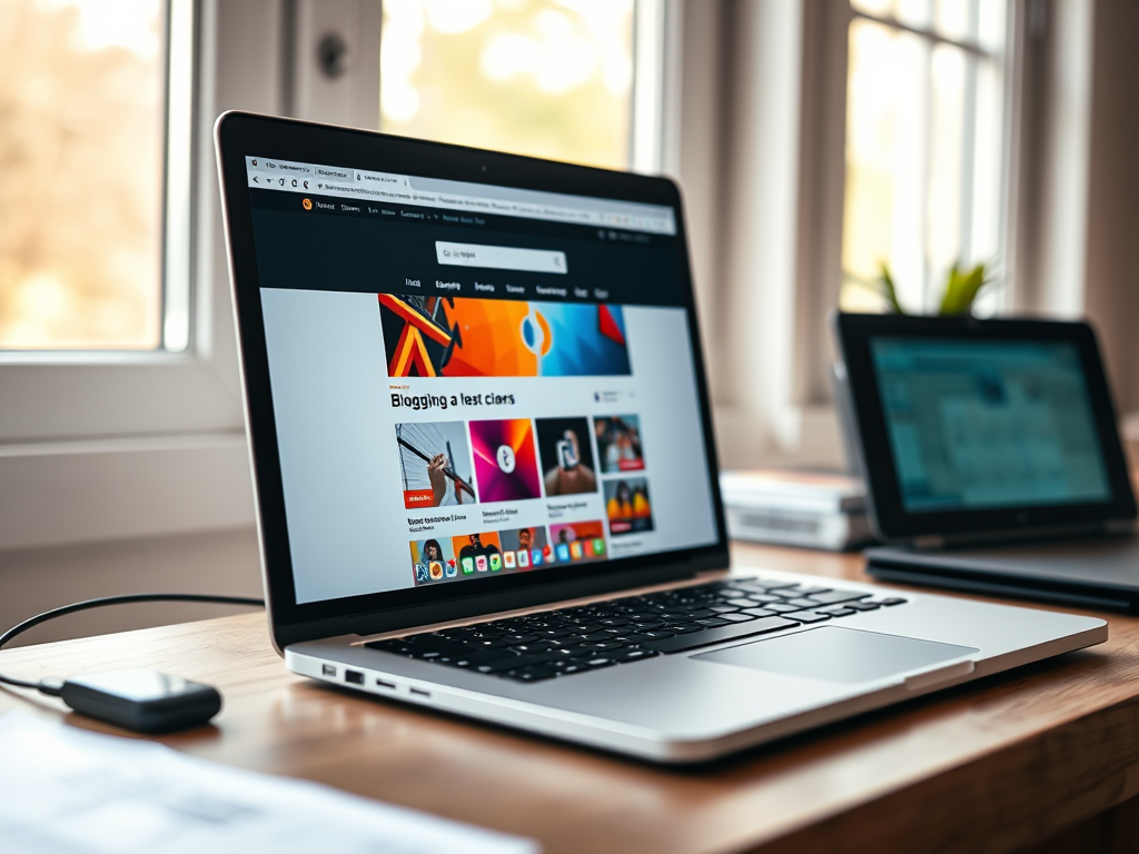 Blogging career depicted with laptops, content layouts, and blogging patterns. A visual representation of digital storytelling and online influence.