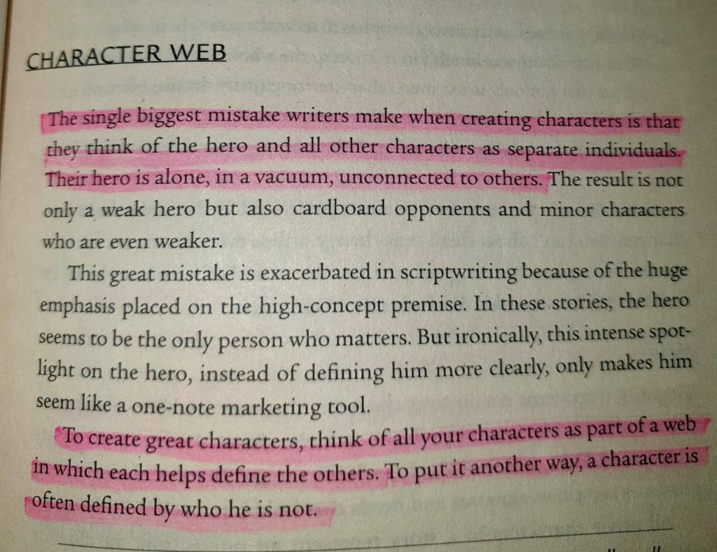 A page from a book highlighting a passage about character development in storytelling. Key points discuss the importance of interconnected characters and the mistakes writers make in isolating their protagonists.