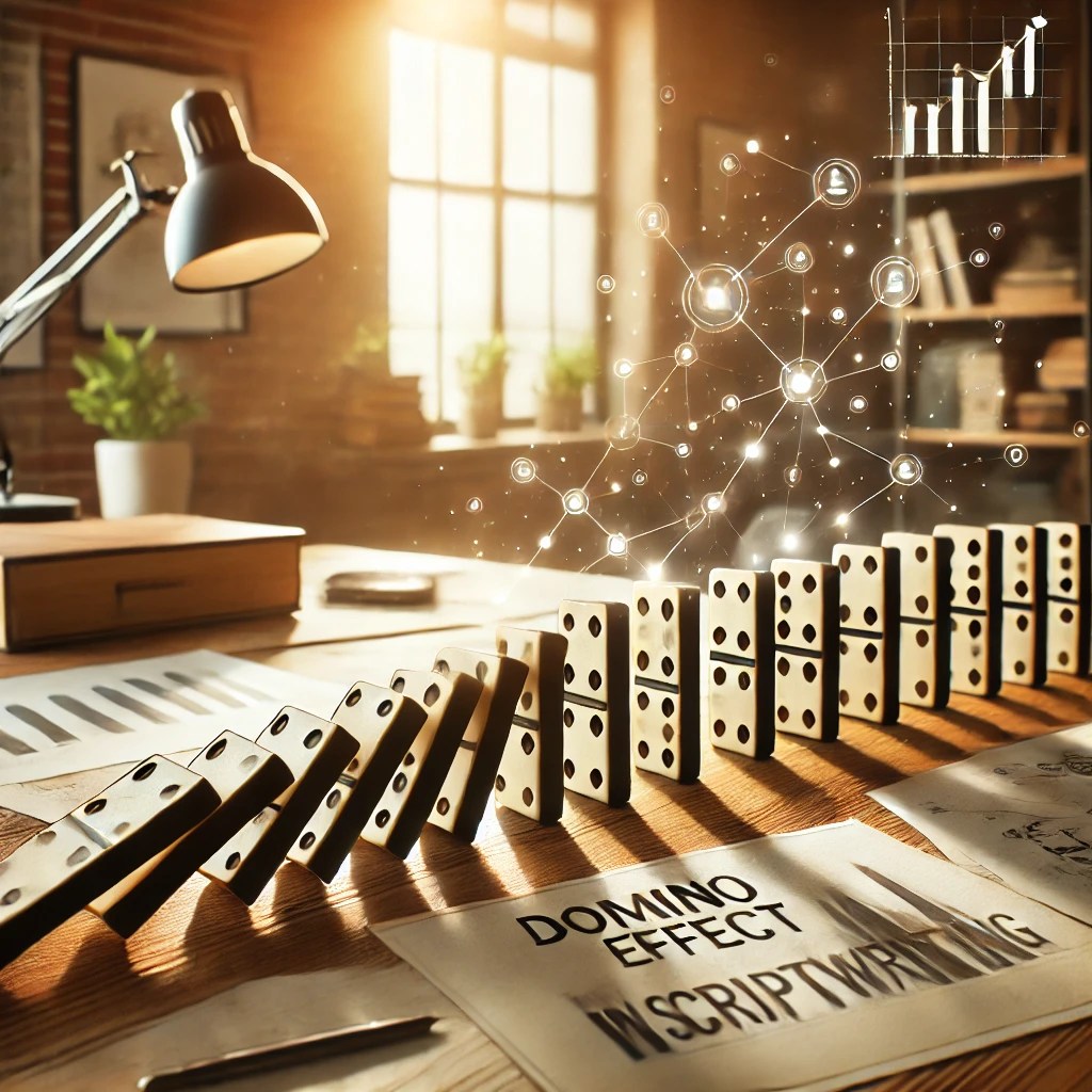 A creative workspace with a row of dominoes set up on a wooden table, symbolizing the domino effect in writing, with notes and a graph in the background.