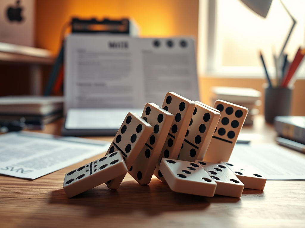 A close-up of a scattered set of white dominoes arranged in a cascading formation on a wooden desk, with paperwork and stationery in the background, representing the concept of the Domino Effect.