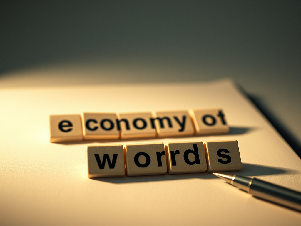 The image conveys the power of concise writing through simplicity and empty space.