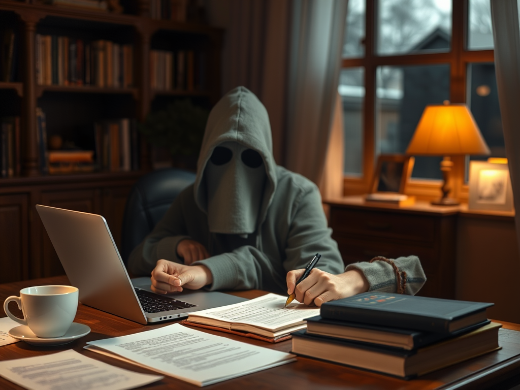 Ghost writing career illustrated with laptops, books, papers, and an invisible figure typing for someone else. A symbolic view of anonymous creativity in the writing world.