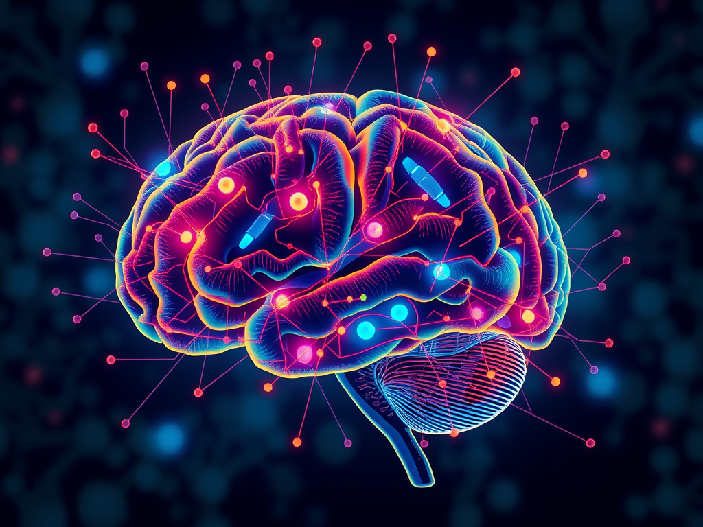 An illustrated brain with vibrant colors and neural connections, representing cognitive processes and neuroplasticity.