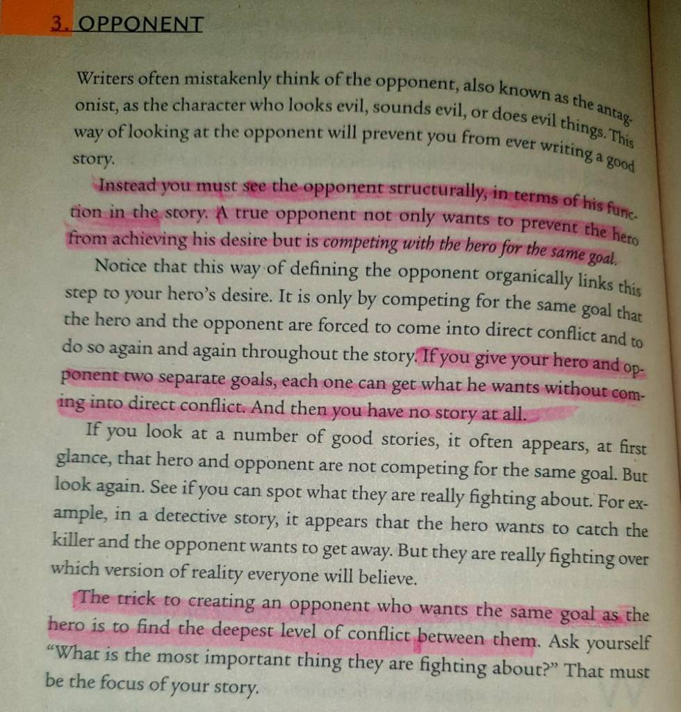 An excerpt from a book discussing the importance of the opponent in storytelling, emphasizing the structural role of the antagonist and their competition with the hero for the same goal.