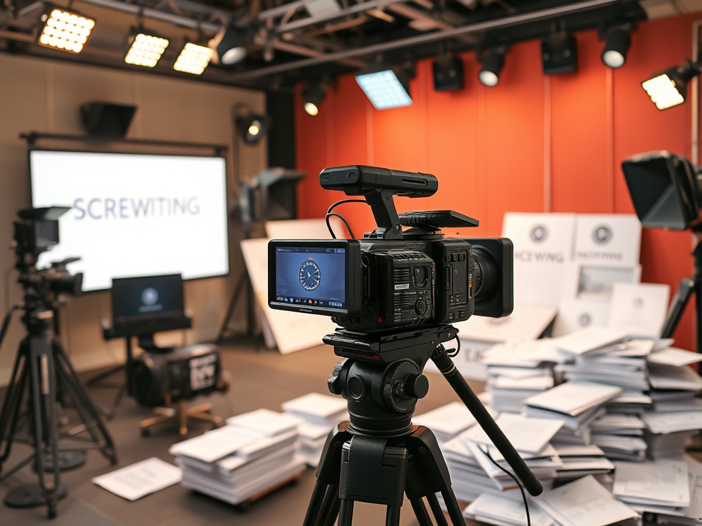 Careers in screenwriting illustrated with elements like film cameras, scripts, and storyboard sketches. A visual representation of the screenwriting profession and film industry roles."