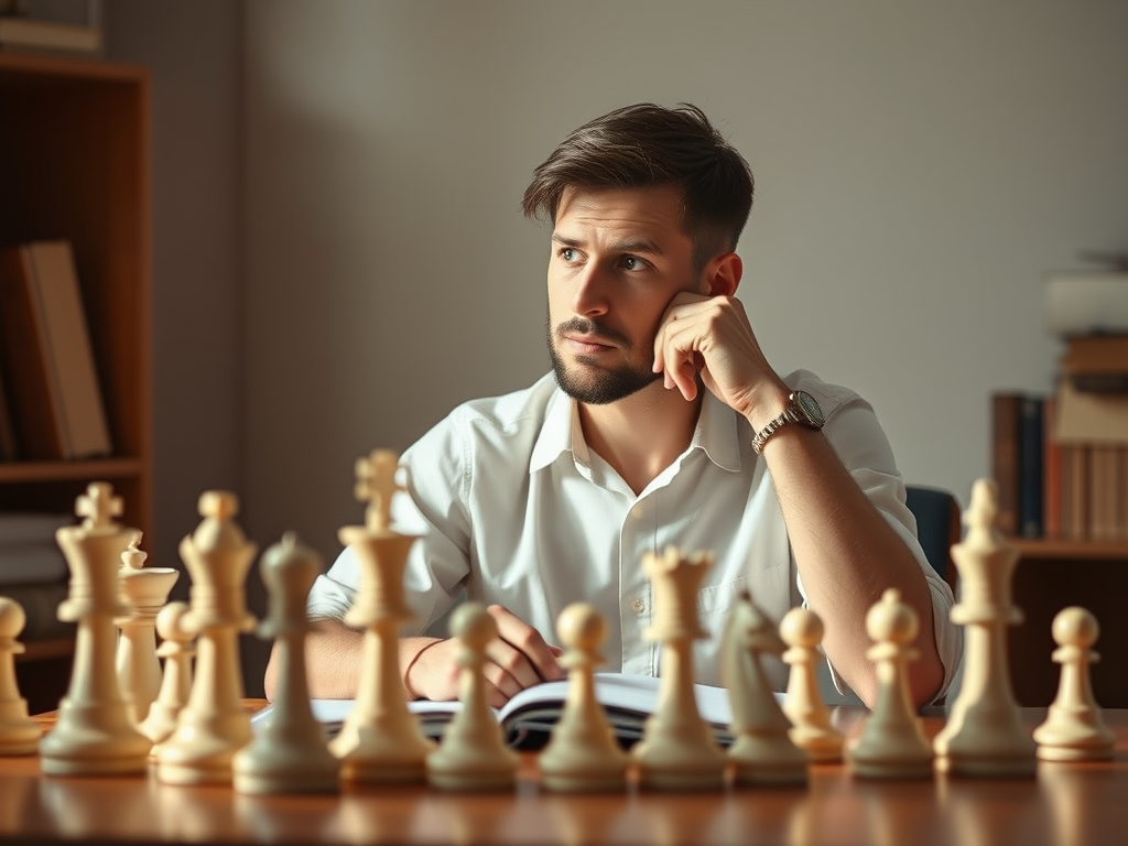 A man sits thoughtfully at a chessboard, surrounded by white chess pieces, illustrating strategic planning and introspection.