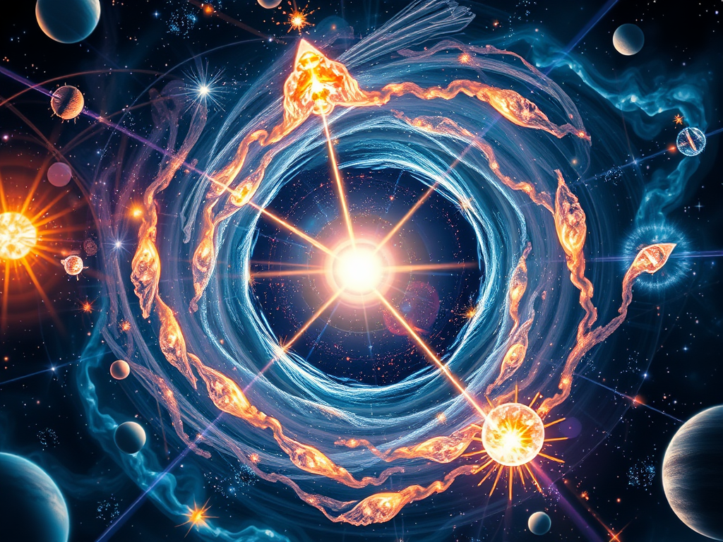 An artistic representation of a cosmic scene depicting vibrant colors and swirling energy, with bright stars and planets, symbolizing the vastness and interconnectedness of the universe.