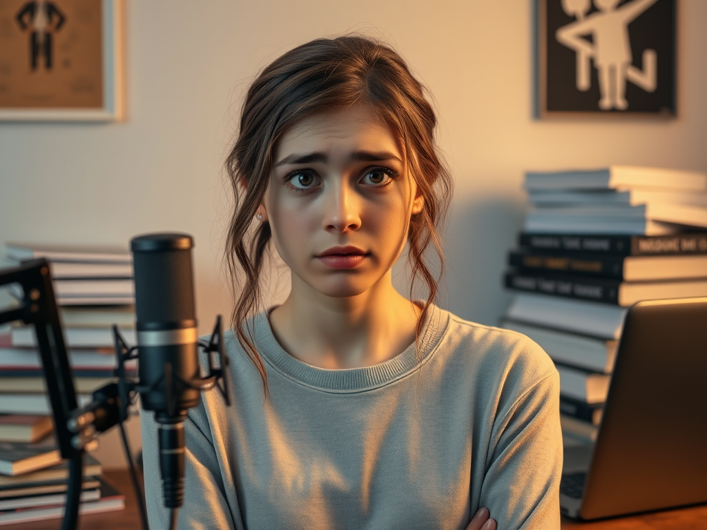 A young woman looking concerned while sitting in front of a microphone, surrounded by stacks of books and a laptop.