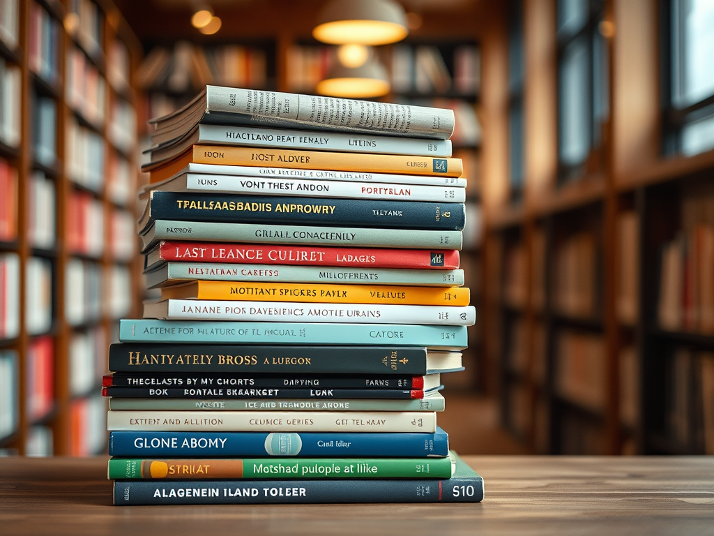A stack of various books with colorful covers on a wooden table in a cozy library setting, surrounded by blurred bookshelves.