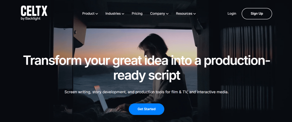 Celtx website showcases the tagline 'Transform your great idea into a production-ready script' with a background image of a person working on a laptop.
