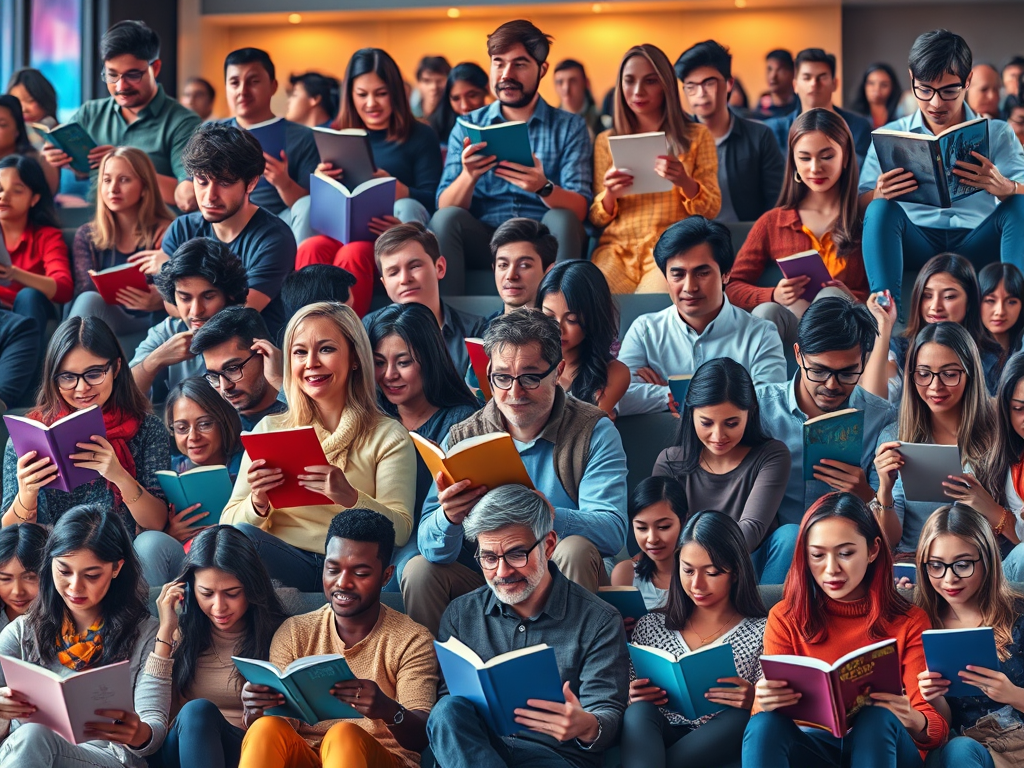 A diverse group of people sitting and reading books, engaged in various genres and styles, showcasing enjoyment and concentration.
