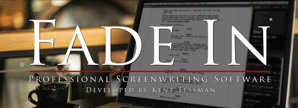 A close-up of a laptop displaying the interface of Fade In, a professional screenwriting software, with the logo prominently displayed. A coffee cup sits in the foreground.