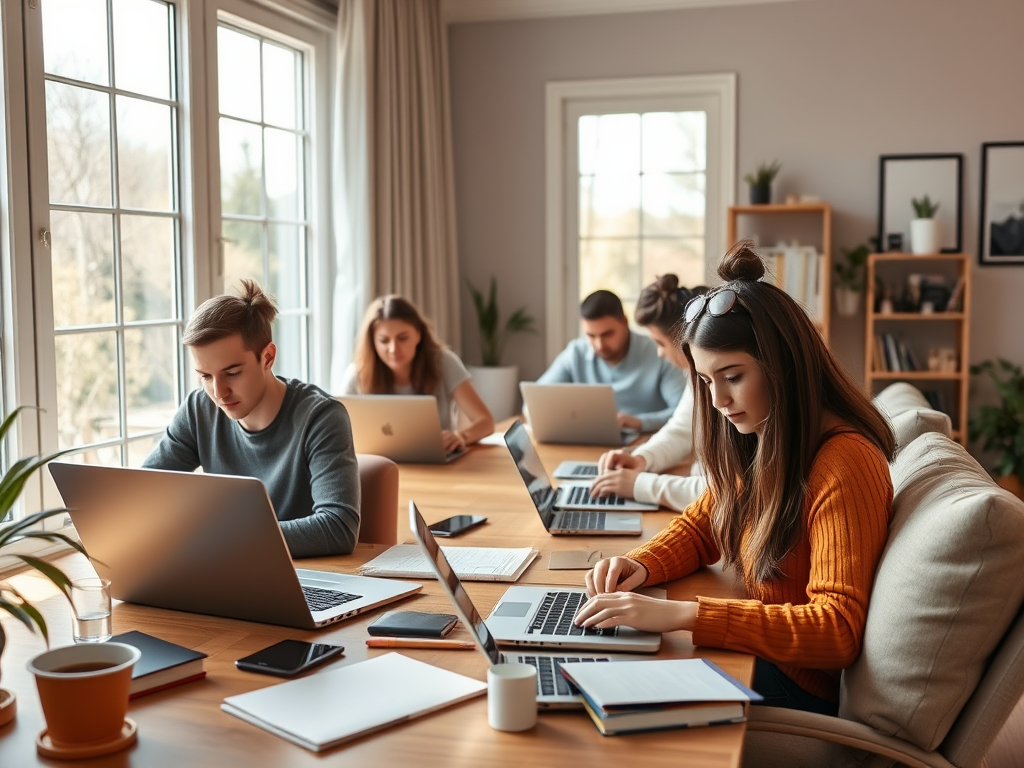 A group of young adults collaborates in a bright, modern workspace, focusing on their laptops while a plant and coffee cup sit on the table.