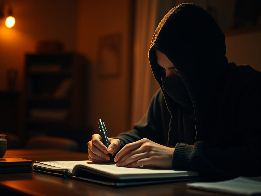 A person wearing a dark hooded sweatshirt and a mask is writing in a notebook under dim lighting, creating an atmosphere of focus and creativity.