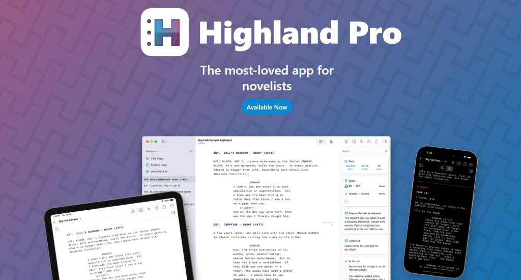 Promotional image for Highland Pro screenwriting software featuring an overview of its interface displayed on multiple devices, showcasing its features and appeal to novelists.