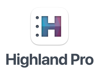 Logo of Highland Pro screenwriting software with a stylized 'H' and colorful design.
