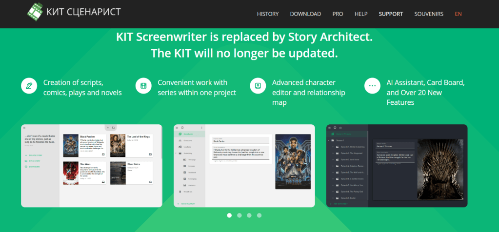 A promotional image for KIT Screenwriter highlighting its features, including script creation, series management, and an advanced character editor.