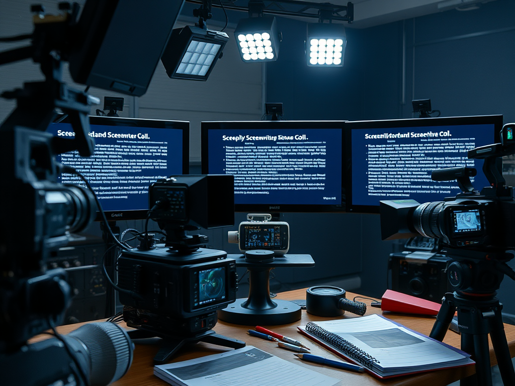A well-equipped video production studio showcasing multiple monitors displaying scriptwriting content, along with professional cameras and lighting equipment.