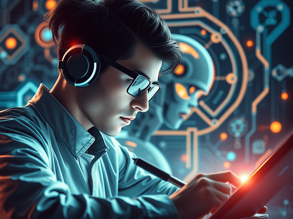 A young man wearing headphones and glasses focuses on writing or designing on a tablet, with a futuristic robotic figure visible in the background, representing the collaboration between humans and artificial intelligence.