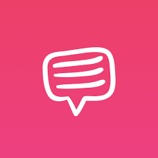 A colorful chat bubble icon featuring a white text line design on a pink background.