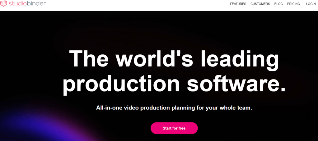 Homepage of StudioBinder, showcasing its tagline as the world's leading production software, emphasizing all-in-one video production planning for teams.