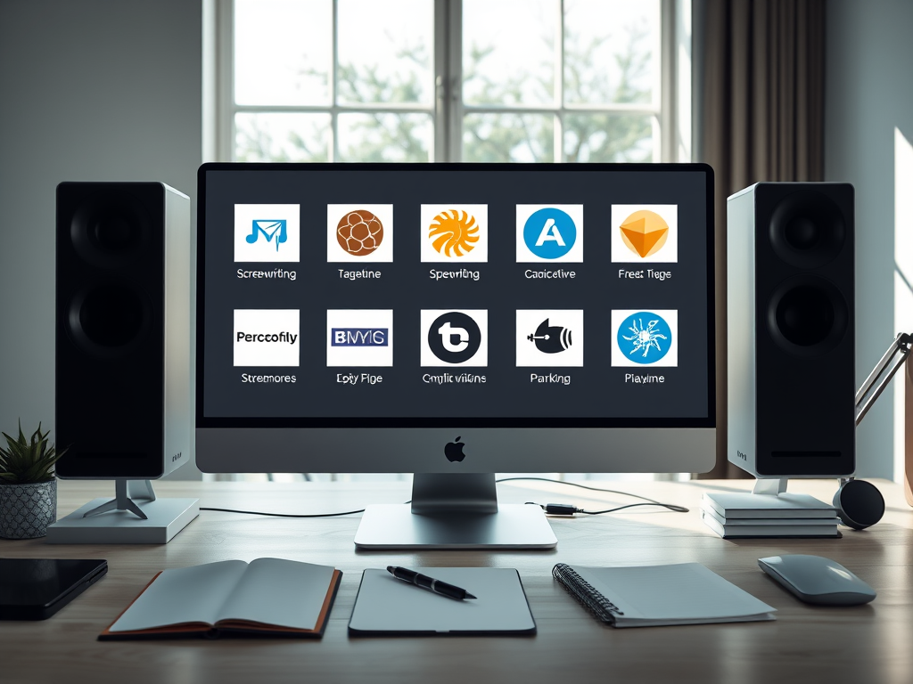 A modern workspace featuring an Apple computer displaying icons of various screenwriting software applications, surrounded by speakers, notebooks, and a plant.