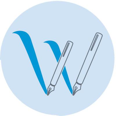 A logo featuring the letter 'W' designed with two stylized fountain pens, set against a light blue circular background.