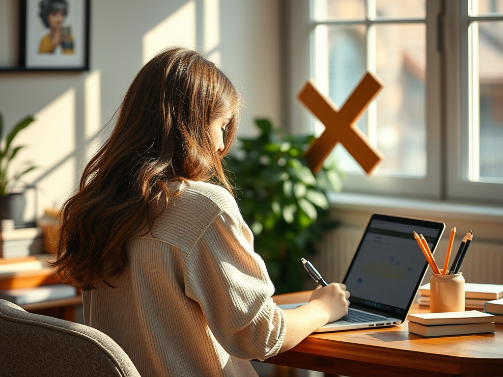 A woman sitting at a wooden desk, writing in a notebook while looking at a laptop. The room is illuminated by natural light coming through a window, with plants and books in the background.