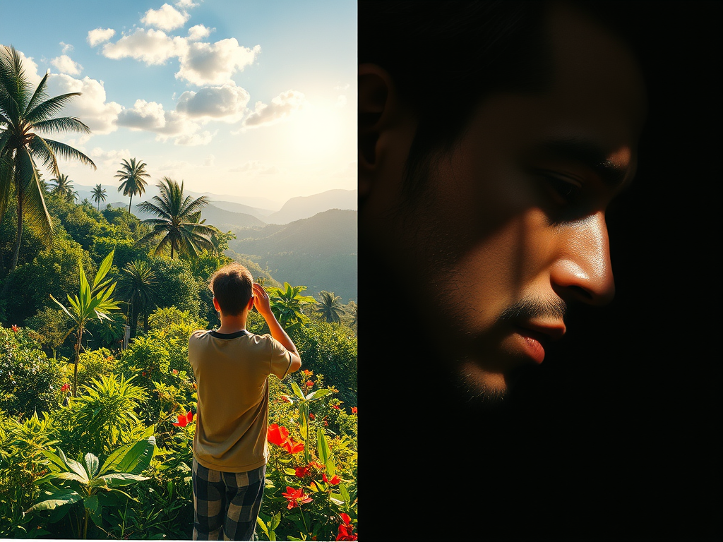 A person standing in a lush green landscape filled with palm trees and flowers, capturing a photo with a scenic mountain view in the background during sunset.
