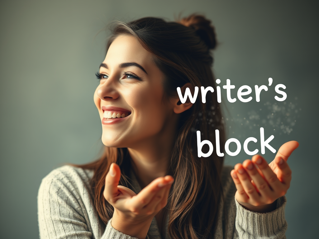 A smiling woman with brown hair lightly holding her hands outward, looking inspired, with the phrase 'writer's block' in artistic typography overlaying her image.
