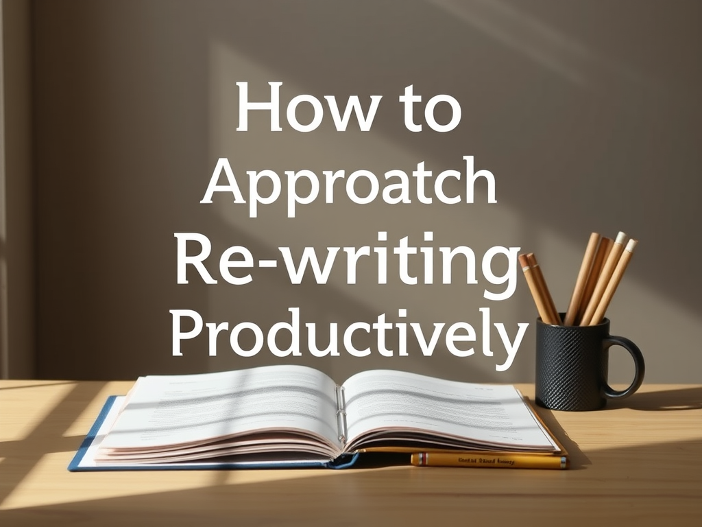A sunlit workspace with an open book and a pencil, featuring the text 'How to Approach Re-writing Productively' prominently displayed.