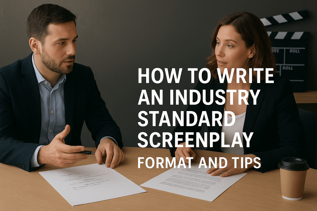 A man and a woman sit at a table discussing a screenplay, with printed scripts in front of them and a film clapperboard in the background. The text overlay reads 'HOW TO WRITE AN INDUSTRY STANDARD SCREENPLAY FORMAT AND TIPS'.