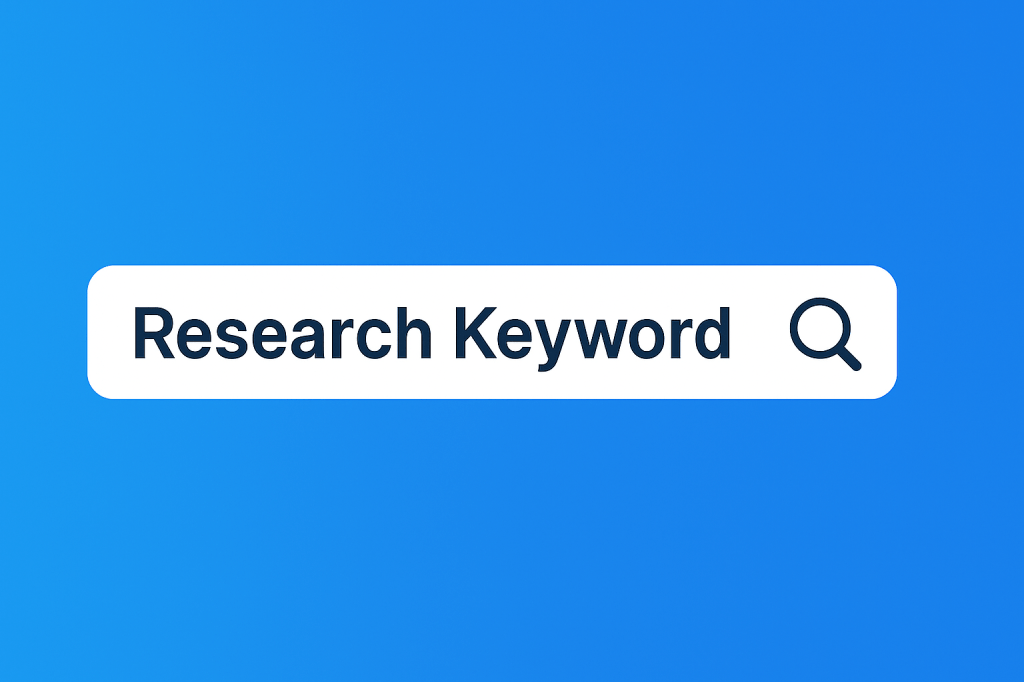 A search bar graphic with the text 'Research Keyword' and a magnifying glass icon on a gradient blue background.