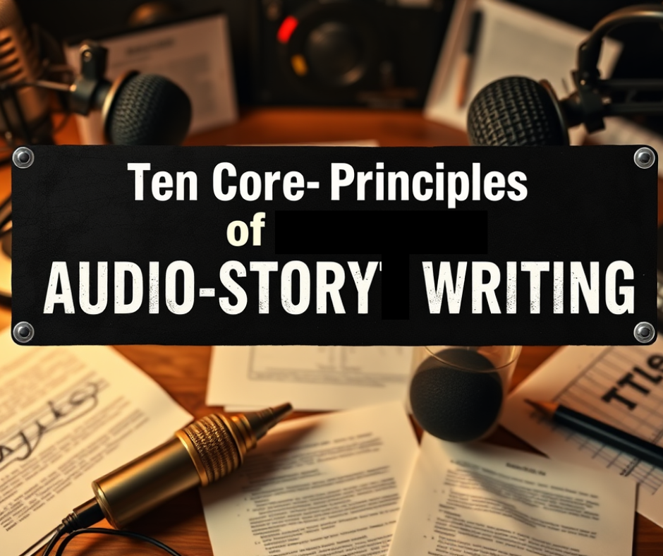 A close-up of a sign that reads 'Ten Core Principles of Audio Story Writing,' surrounded by microphones, papers, and a pen, indicating an audio storytelling environment.
