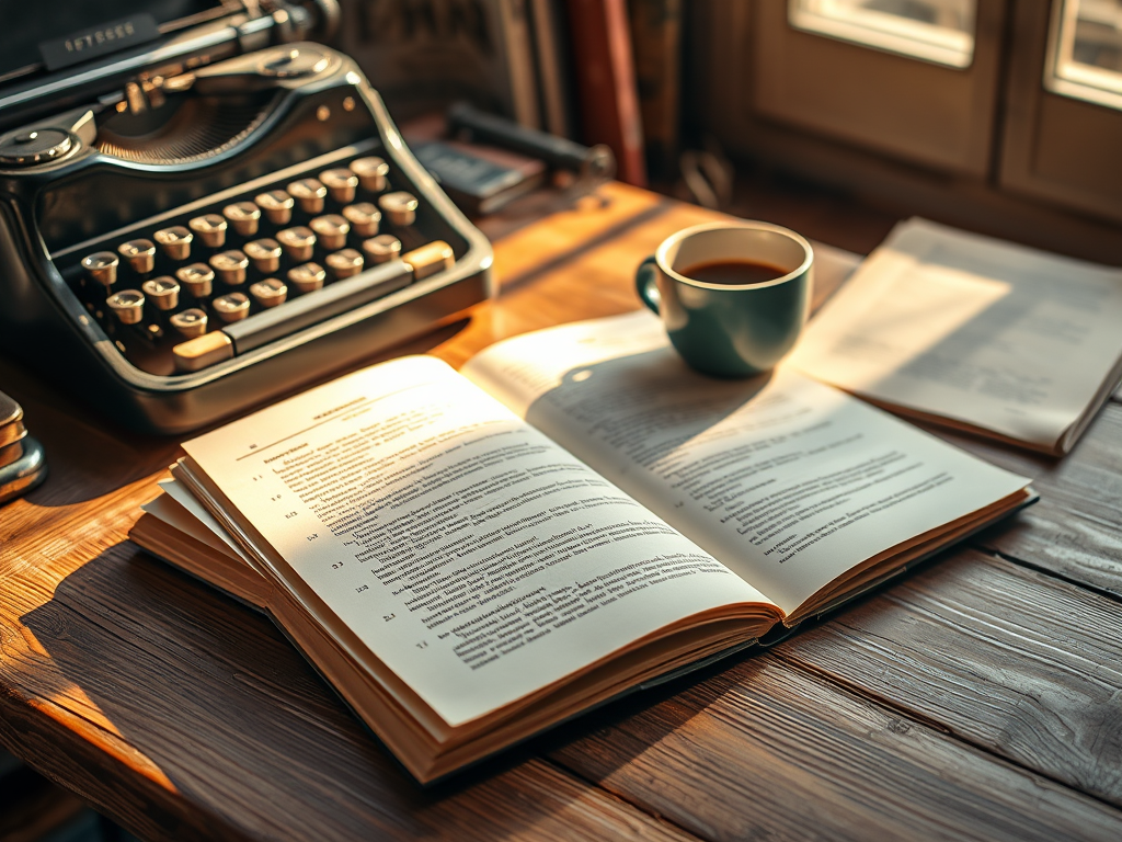 A close-up view of an open manuscript on a wooden desk, next to a typewriter and a cup of coffee, with sunlight streaming in through a window.