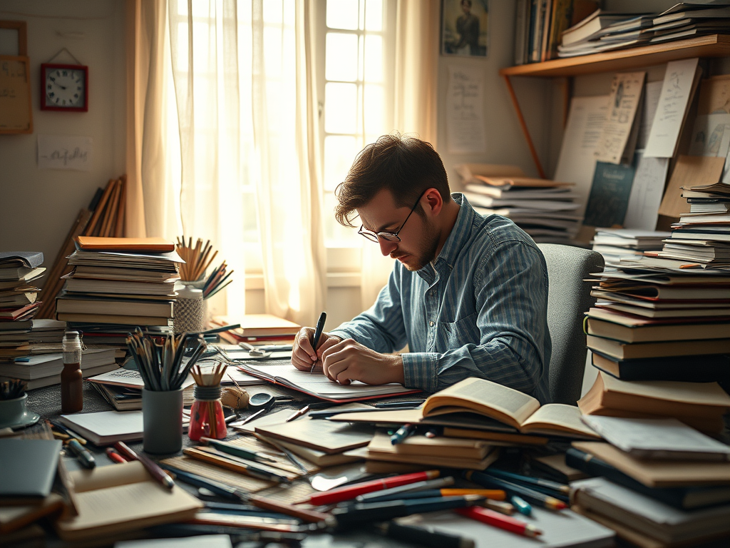 A focused writer sitting at a cluttered desk, surrounded by stacks of books and writing materials, diligently taking notes and working on a manuscript.