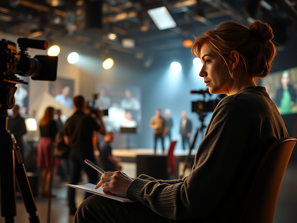A focused woman observes a filming set, seated with a notebook and pen, while crew members and cameras are visible in the background, capturing a dynamic moment of storytelling in action.