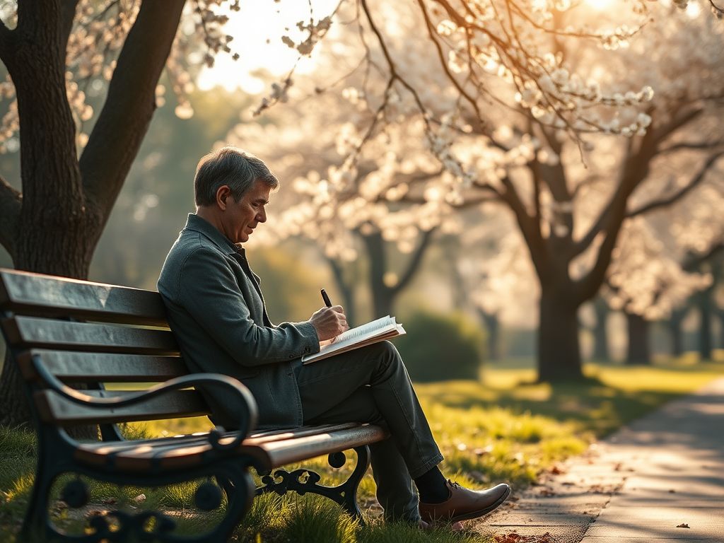 A man sits on a park bench, writing in a notebook, surrounded by blooming trees and warm sunlight, embodying a serene moment of inspiration.