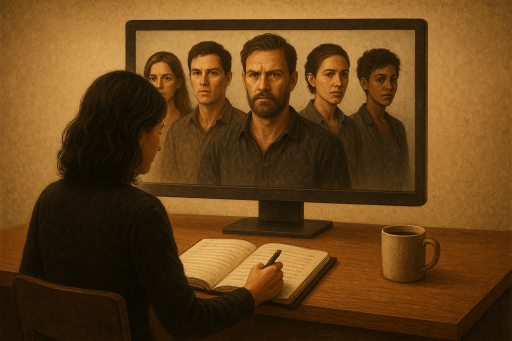 A writer sitting at a desk, observing a computer screen displaying five different character faces while taking notes in a notebook.