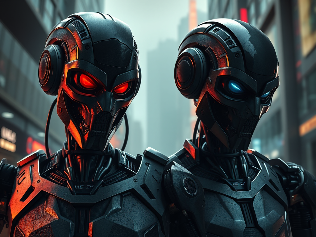 Two futuristic robots with glowing red and blue eyes, standing closely together in a city setting, showcasing advanced technology and a dynamic design.
