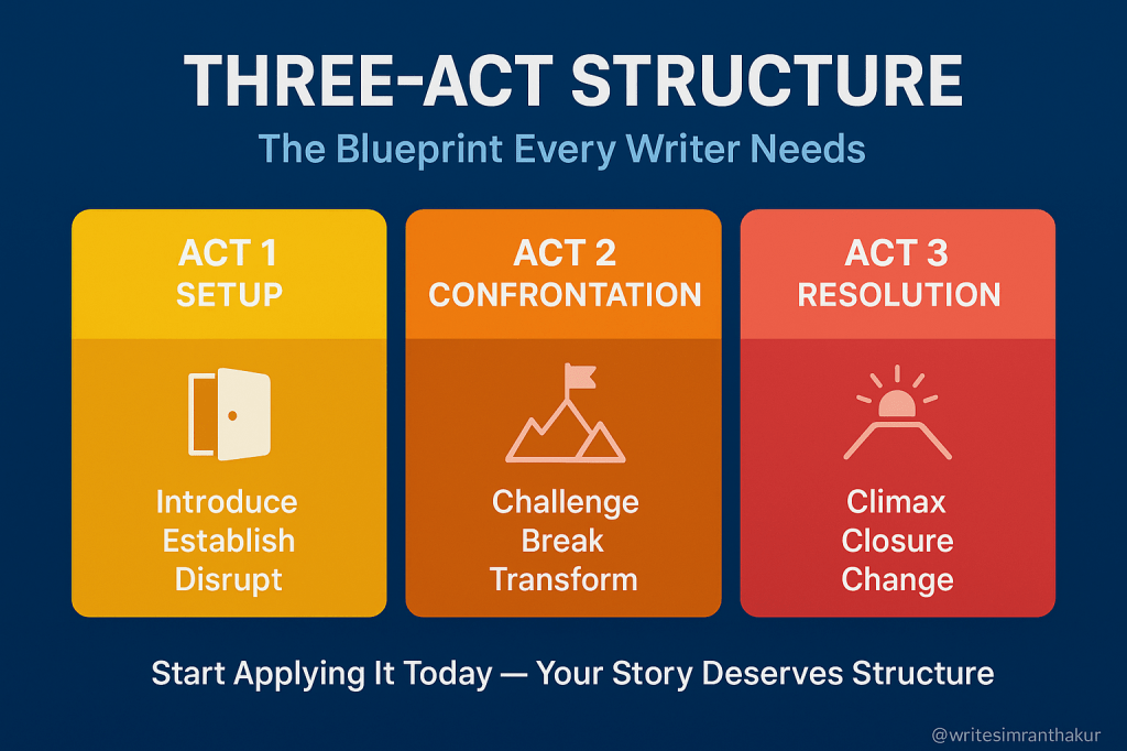 Graphic illustrating the Three-Act Structure in storytelling, featuring three sections labeled 'ACT 1: Setup', 'ACT 2: Confrontation', and 'ACT 3: Resolution', each with key phrases outlining their functions.