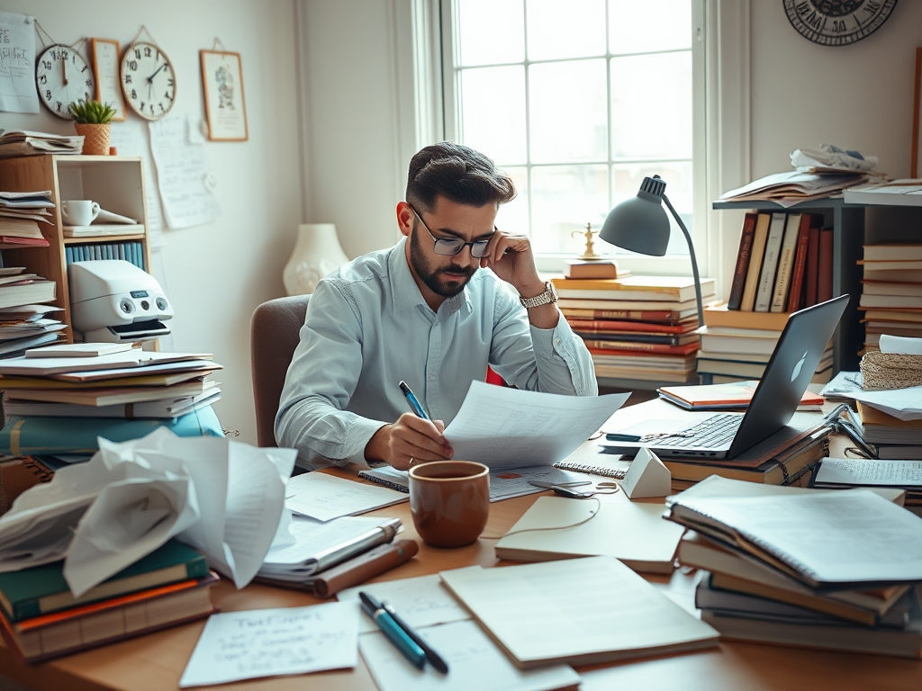 A focused man sitting at a cluttered desk, reviewing documents while surrounded by books, papers, and a laptop. He holds a pen in one hand and rests his chin on the other, indicating deep concentration.